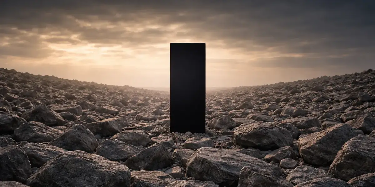 A solitary black monolith standing upright in a vast field of gray rocks under a hazy golden sunset, evoking a singular distinguishing presence in a sea of sameness