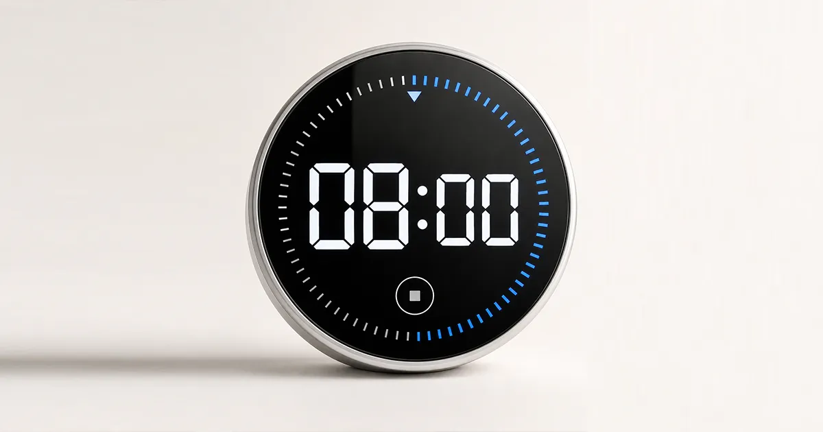 A minimal digital timer showing 08:00, the length of the interview