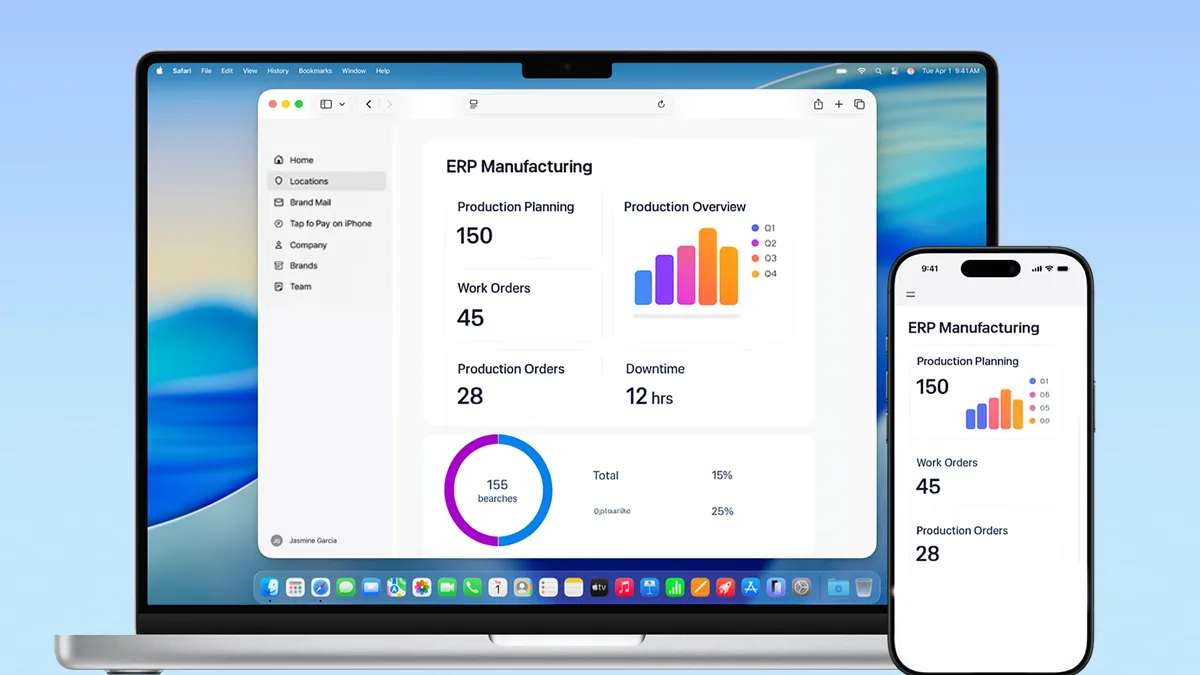 ERP Manufacturing dashboard on a MacBook and iPhone showing production planning, work orders, downtime, and a batch completion chart in one unified operating system view
