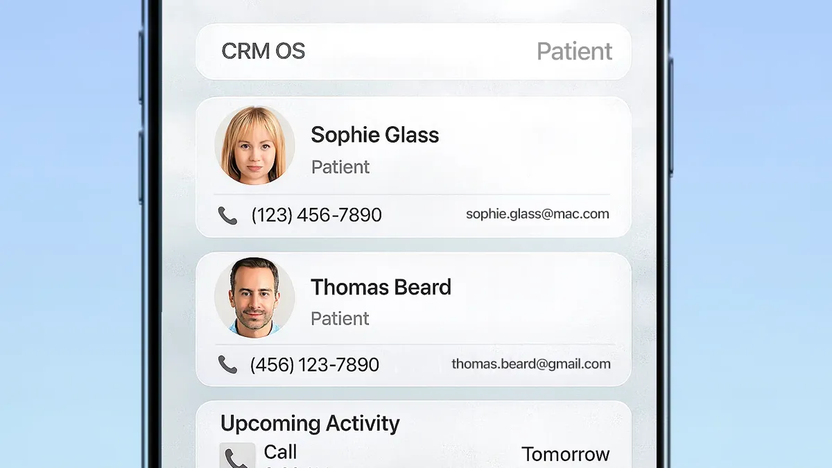 CRM OS contact list on a phone screen showing patient records with photos, phone numbers, emails, and an upcoming call activity in a HealthTech workflow