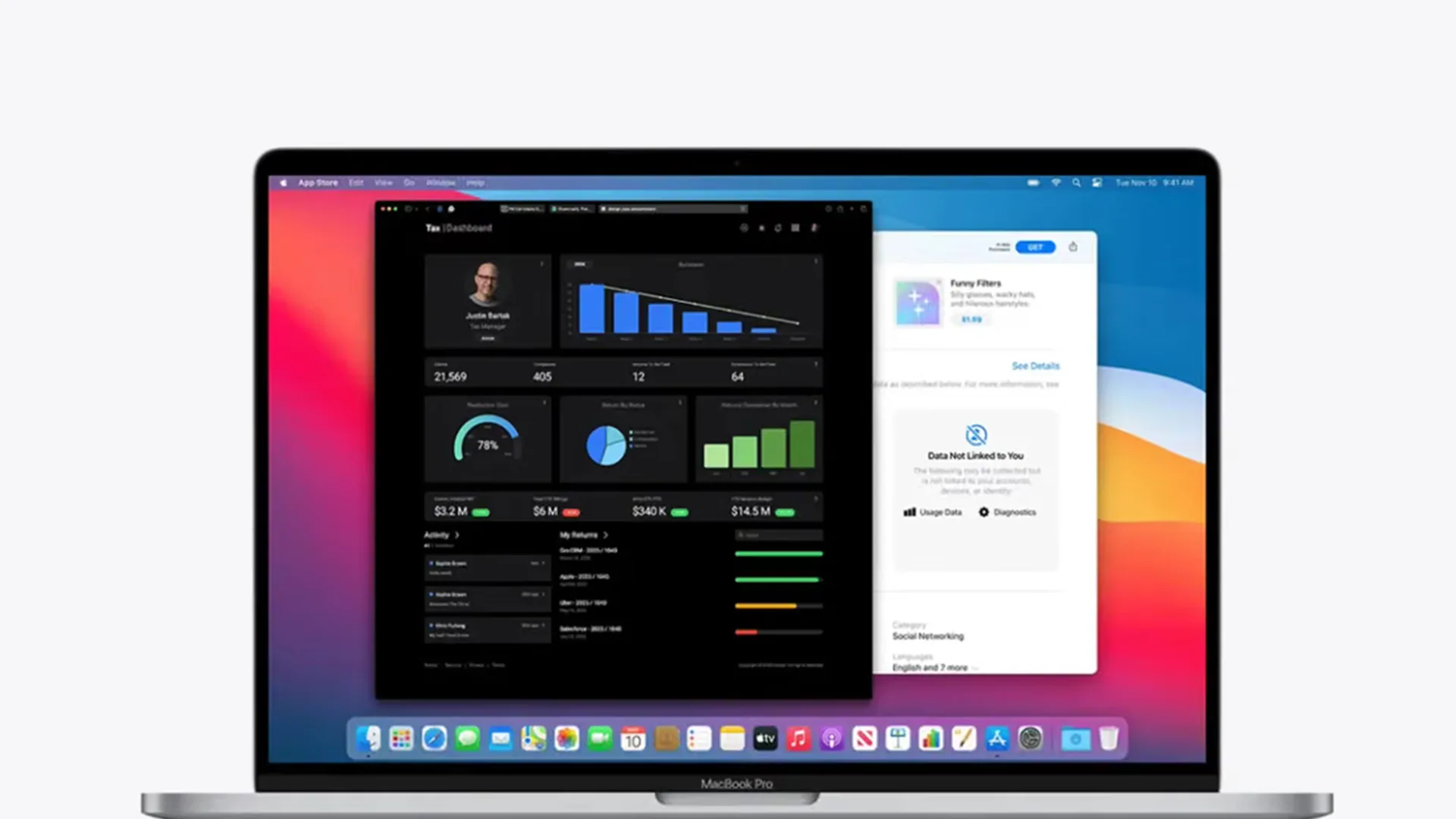 A MacBook Pro showing a dark tax dashboard with blue and green charts, a 78% gauge, and dollar metrics, overlapping a white Mac App Store window with a privacy card