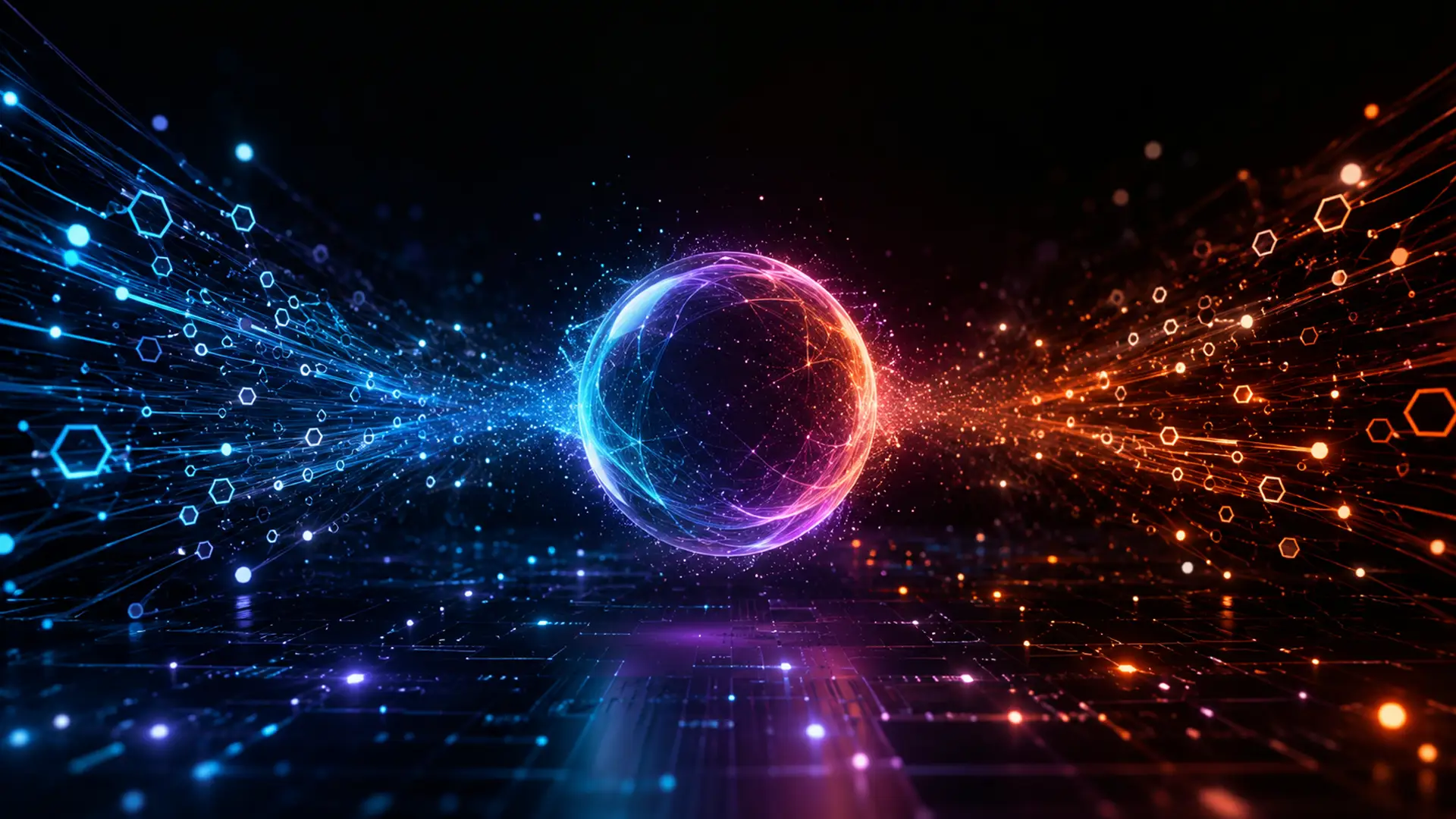 A glowing sphere suspended over a dark circuit grid, blue data streams converging into it from the left and orange streams radiating outward to the right