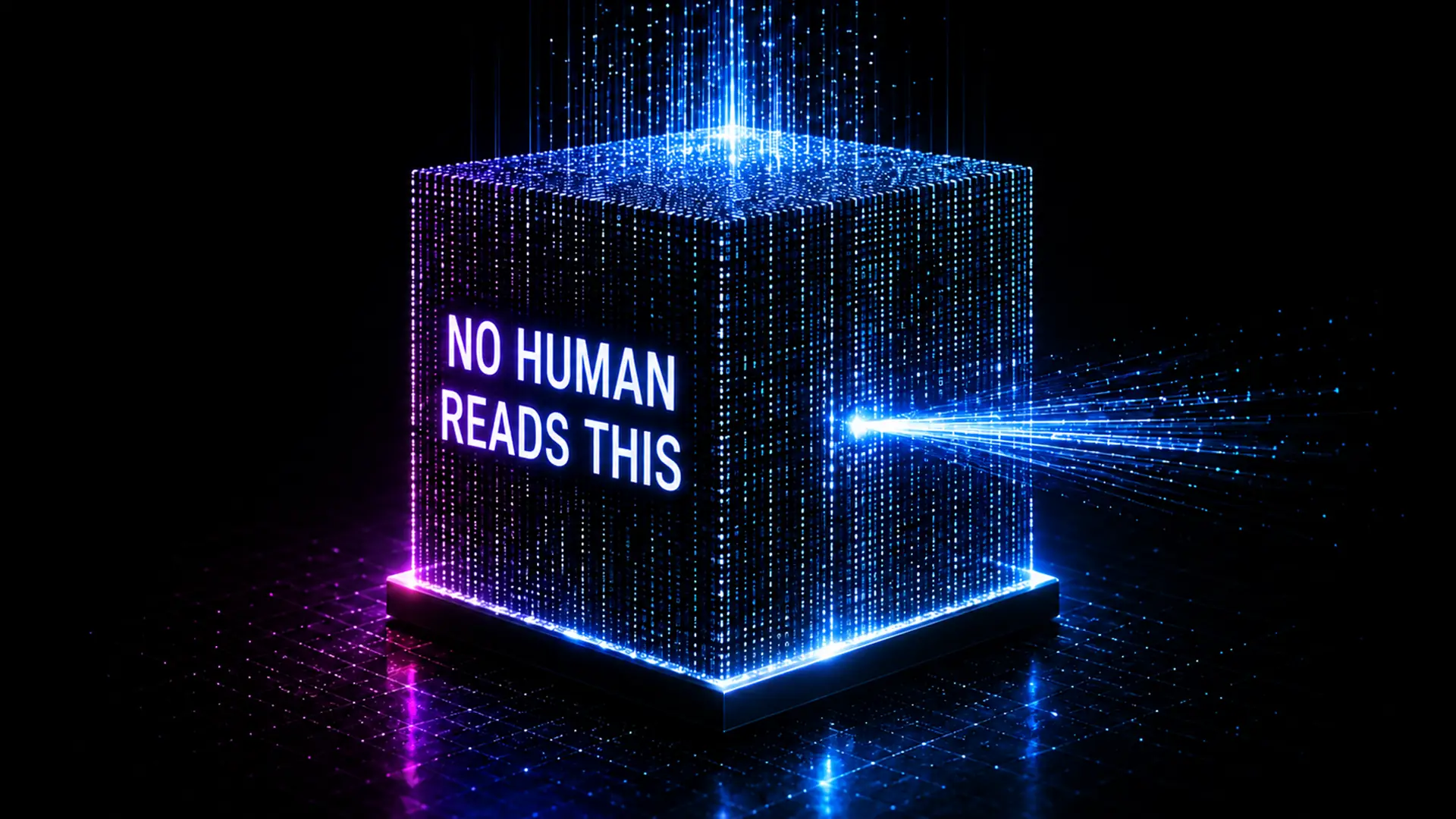 A glowing isometric cube assembled from vertical streams of blue and violet data particles, its face reading NO HUMAN READS THIS, with a single beam of light entering from the right