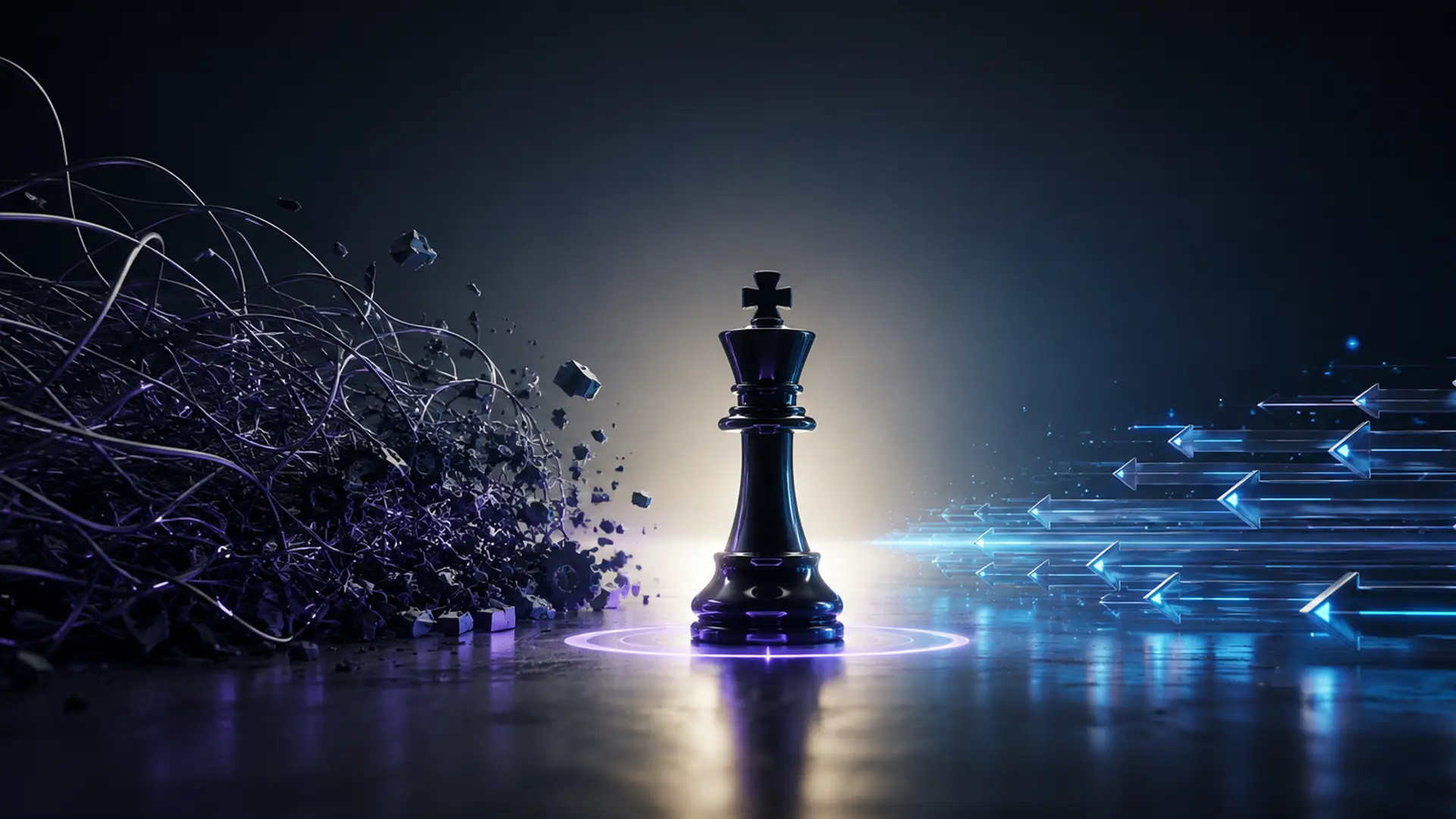 A black chess king standing on a lit purple ring, a tangle of dark cables collapsing away on its left and clean blue arrows streaming forward on its right