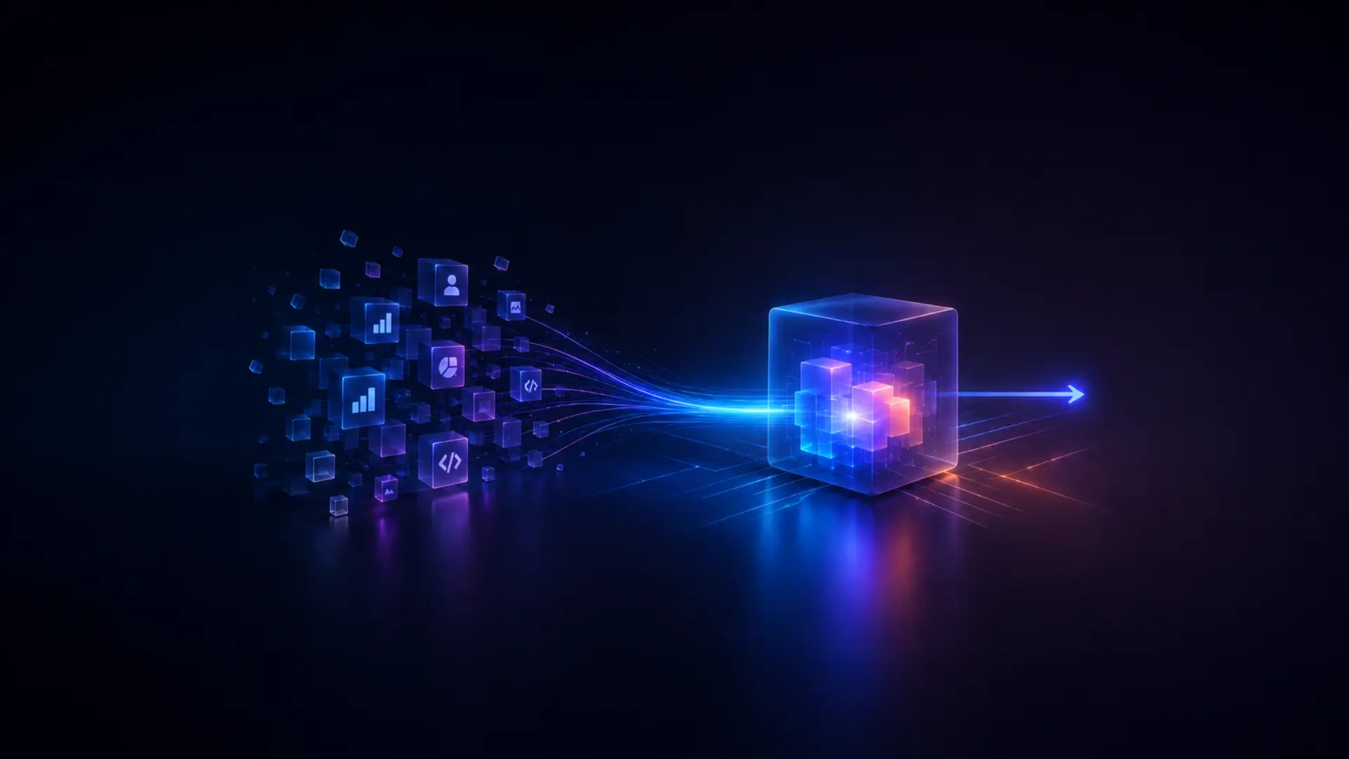 Scattered translucent icon tiles converge into streams of light entering a glowing glass cube, with a single arrow continuing out the far side