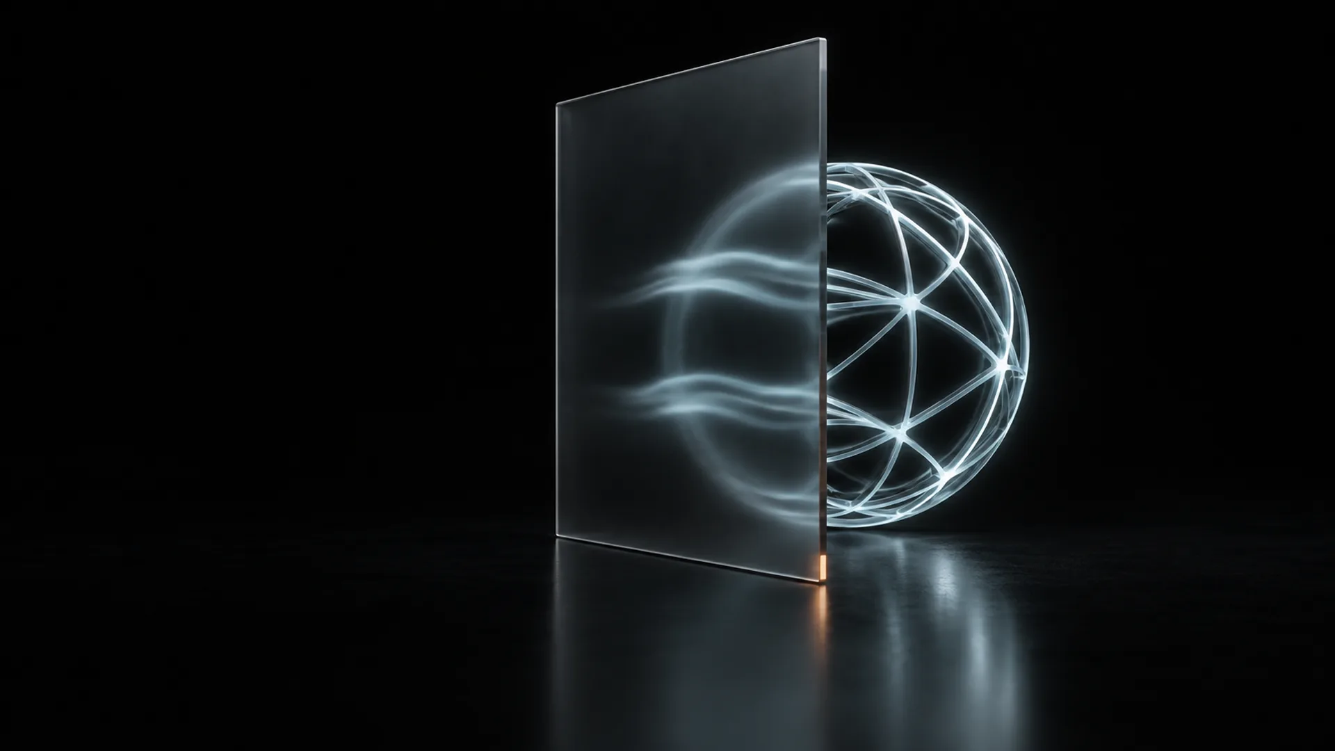 A translucent glass panel stands upright in darkness, partly obscuring a glowing wireframe sphere of intersecting lines refracted into wavy bands, with an amber glow on the reflective floor below.