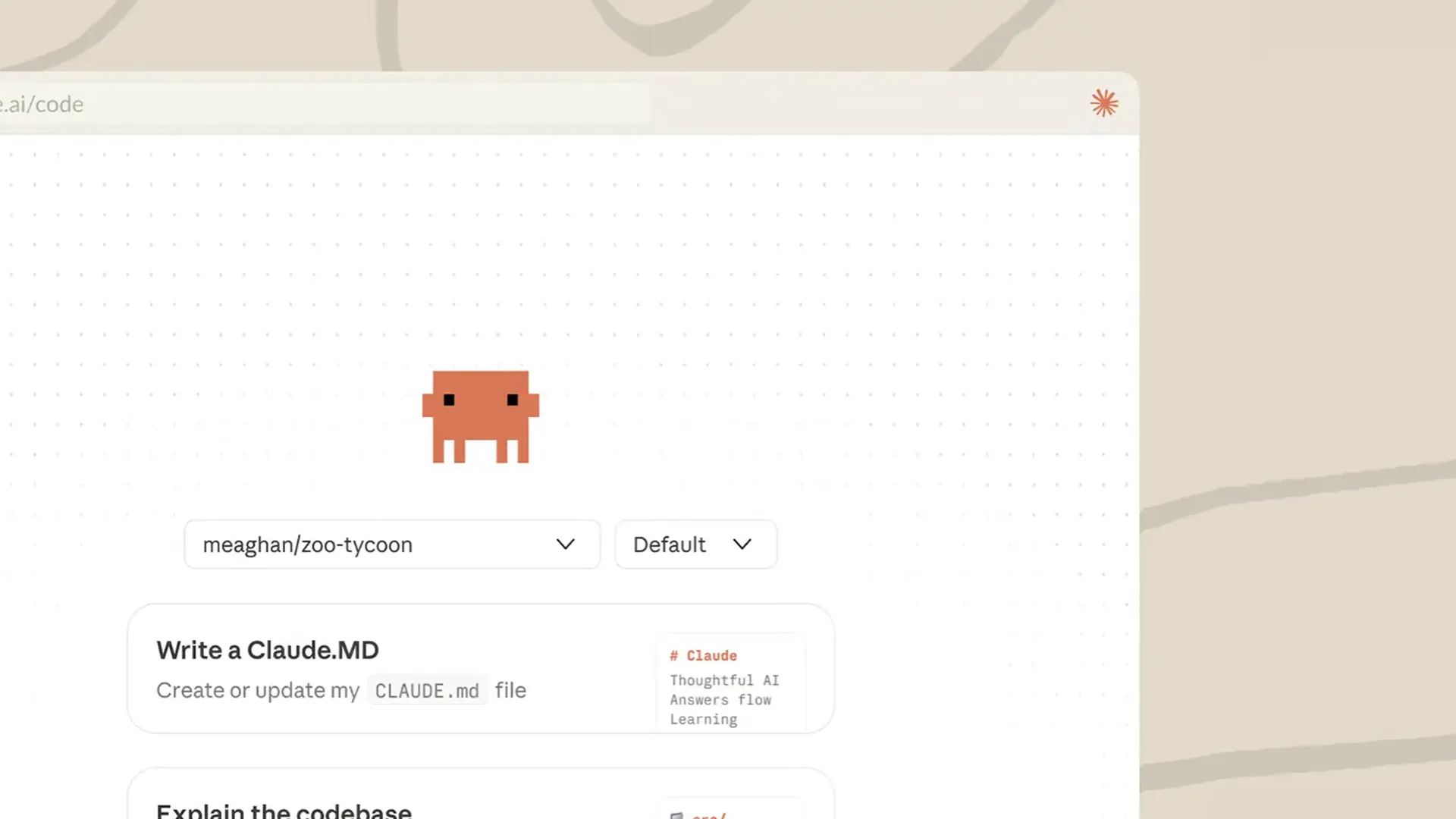 Screenshot of the Claude Code web interface at claude.ai/code, with the orange Claude mascot above a repository picker and a card to create or update a CLAUDE.md file