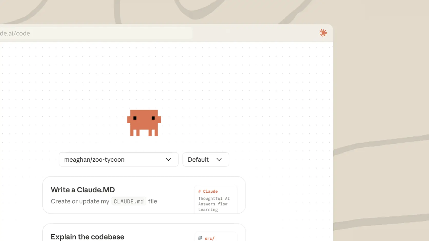 Screenshot of the Claude Code web interface at claude.ai/code, with the orange Claude mascot above a repository picker and a card to create or update a CLAUDE.md file