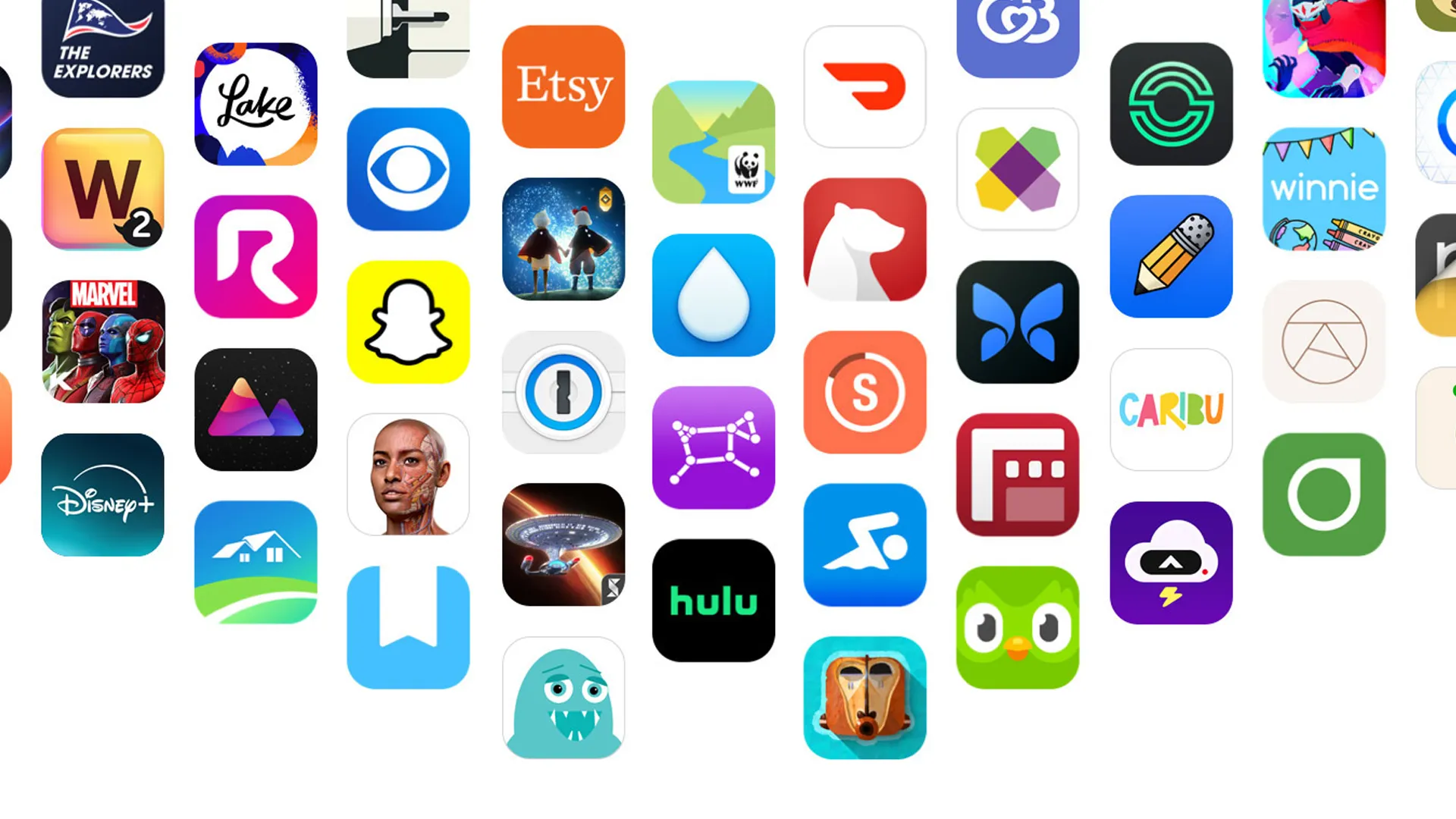 Grid of recognizable mobile app icons on a white background, including Etsy, Disney+, Snapchat, Hulu, Duolingo, and Marvel, showing polished product design craft