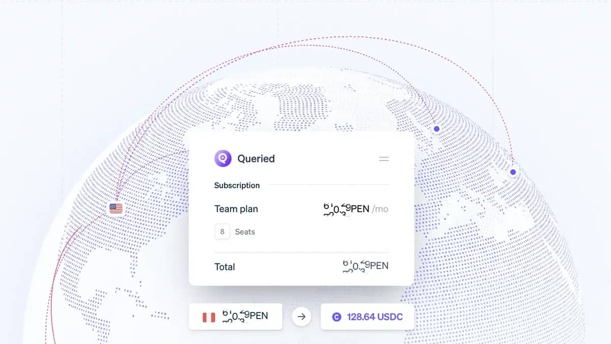 A clean SaaS subscription card labeled Queried floating over a dotted globe with currency conversion showing 128.64 USDC, illustrating a frictionless, effortless interface