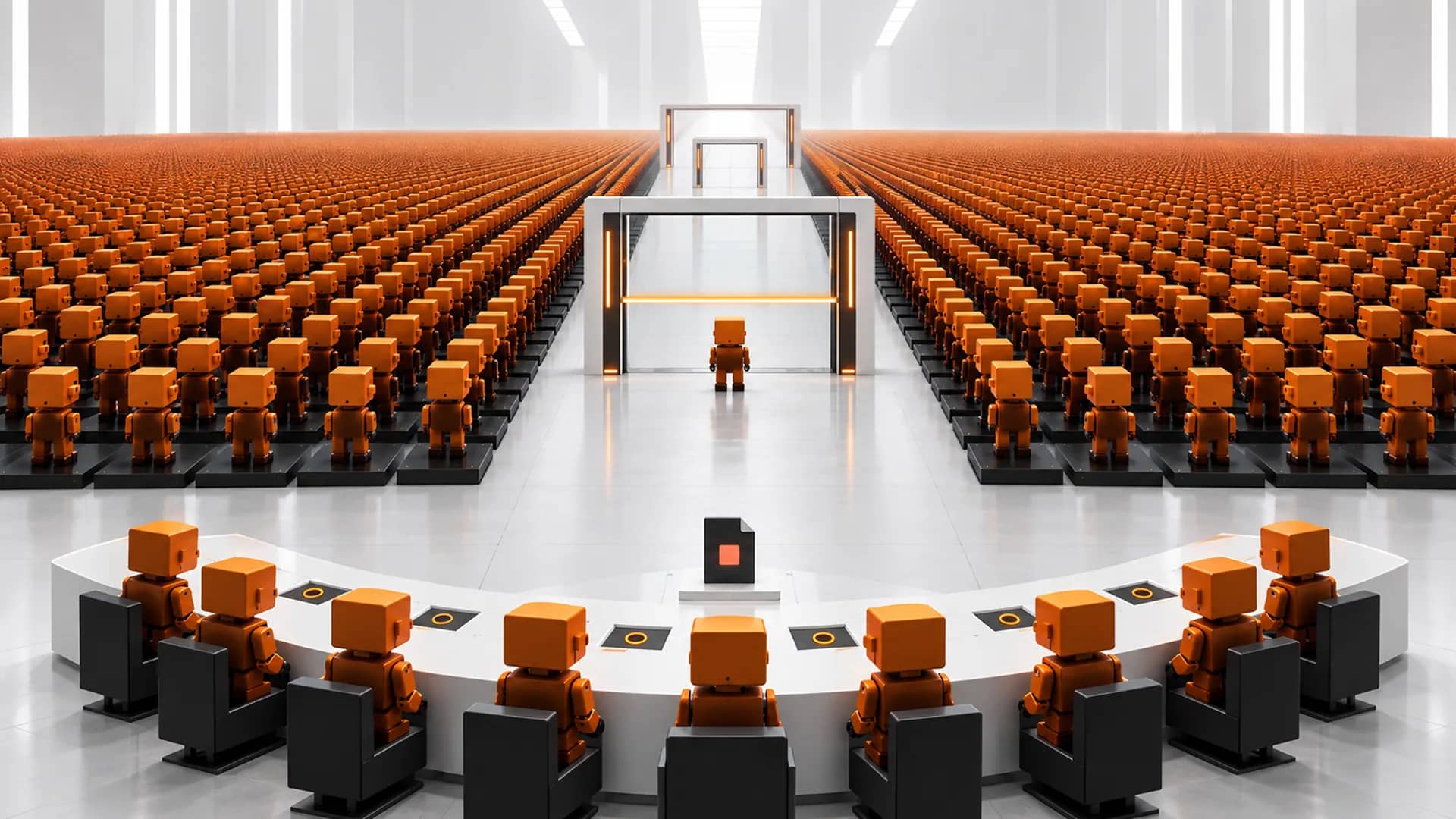 A curved white bench of seated orange robots faces a vast white hall where thousands of identical orange figures stand in rows before a glowing amber archway.