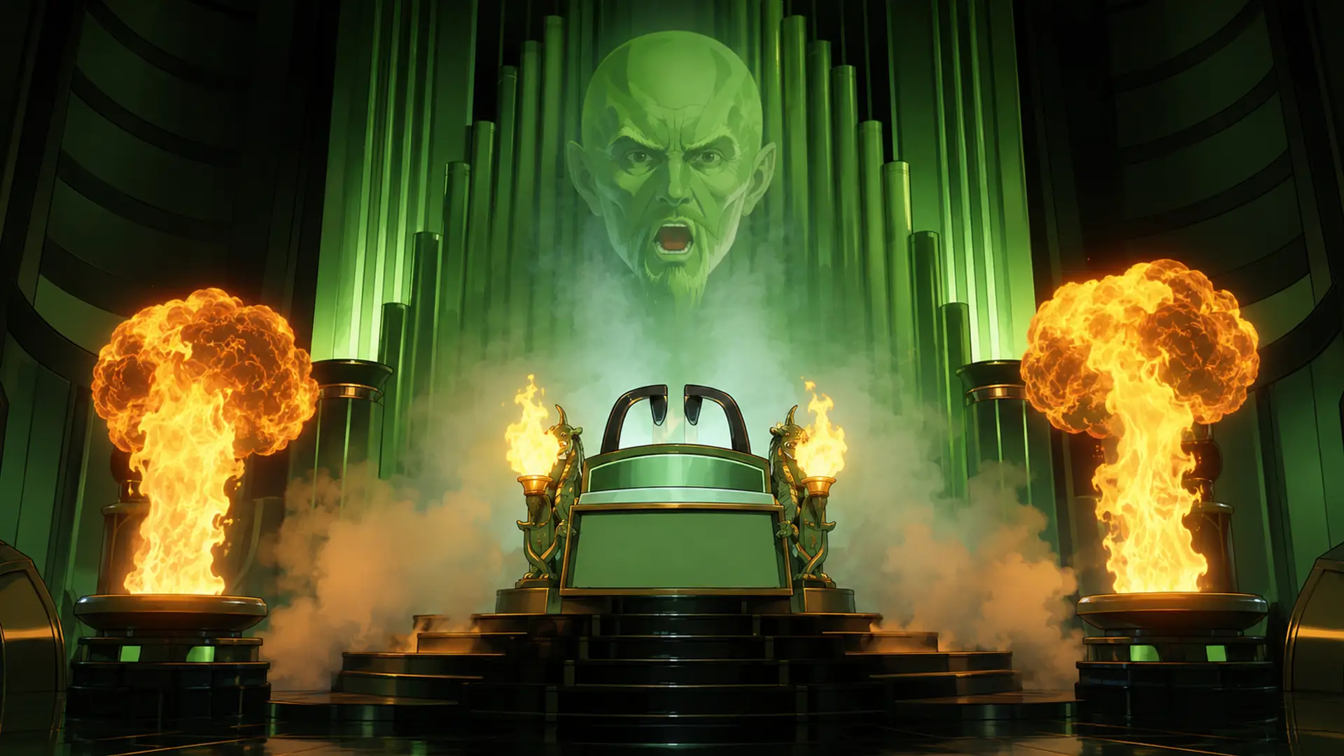 A vast green throne room with columns of flame and an enormous disembodied head projected above an empty control lectern