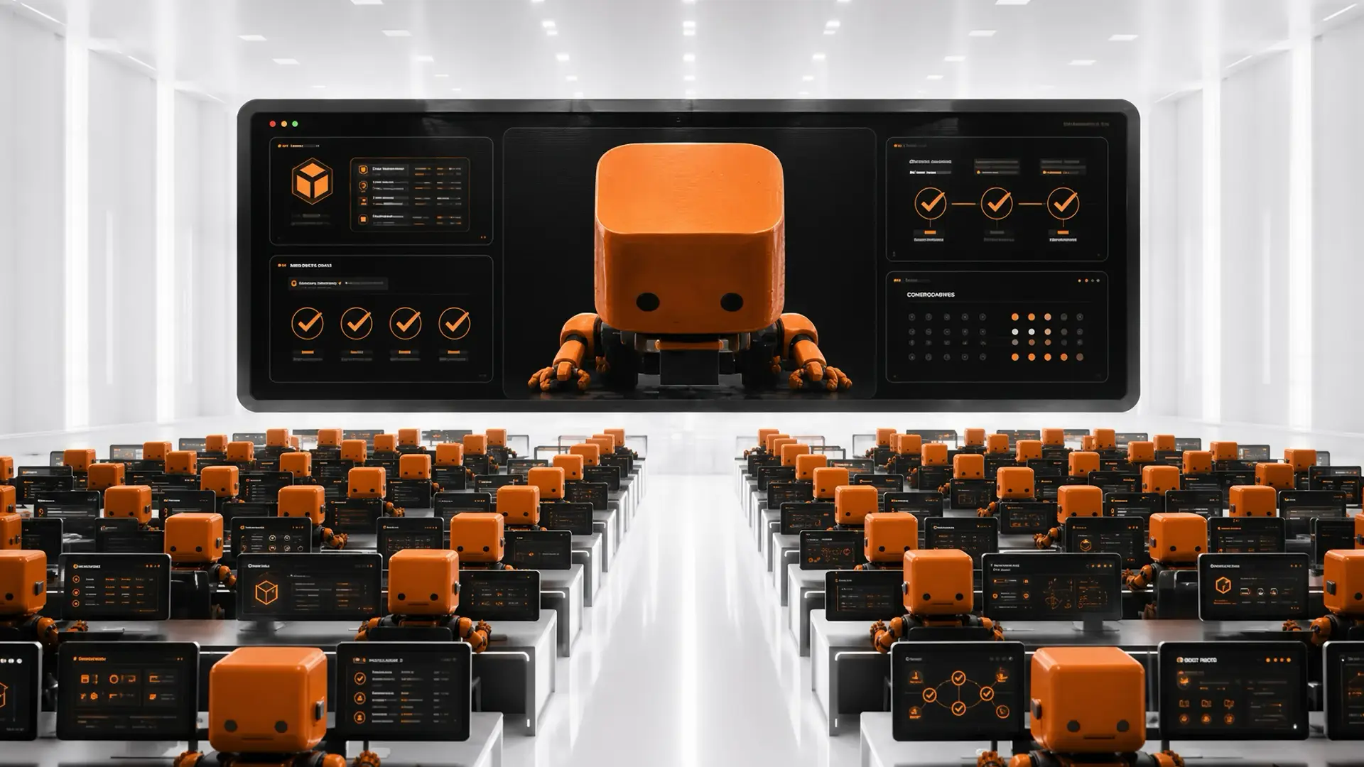 Rows of small orange robots seated at terminals in a bright hall, facing a wall-sized dashboard where one robot appears above panels of checkmarks