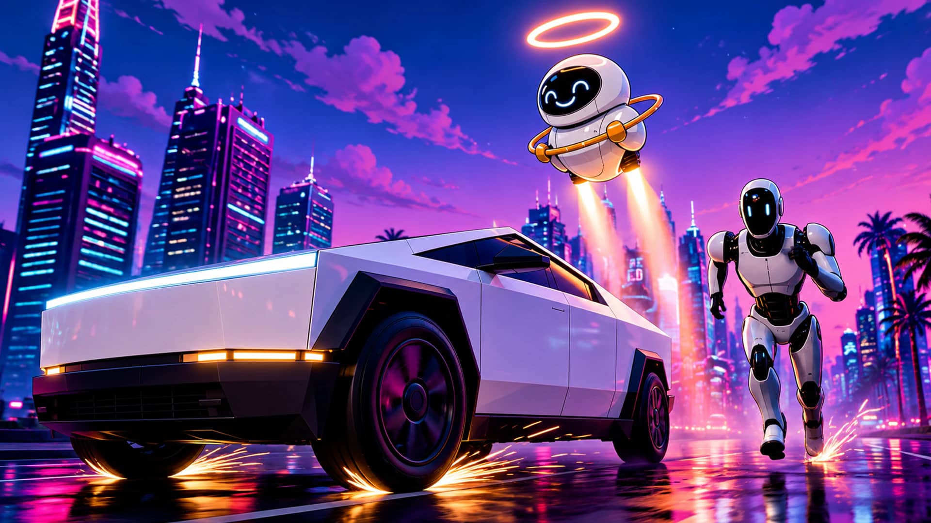 Angular white pickup truck, small hovering round robot with a glowing halo, and a running humanoid robot on a wet neon lit city street