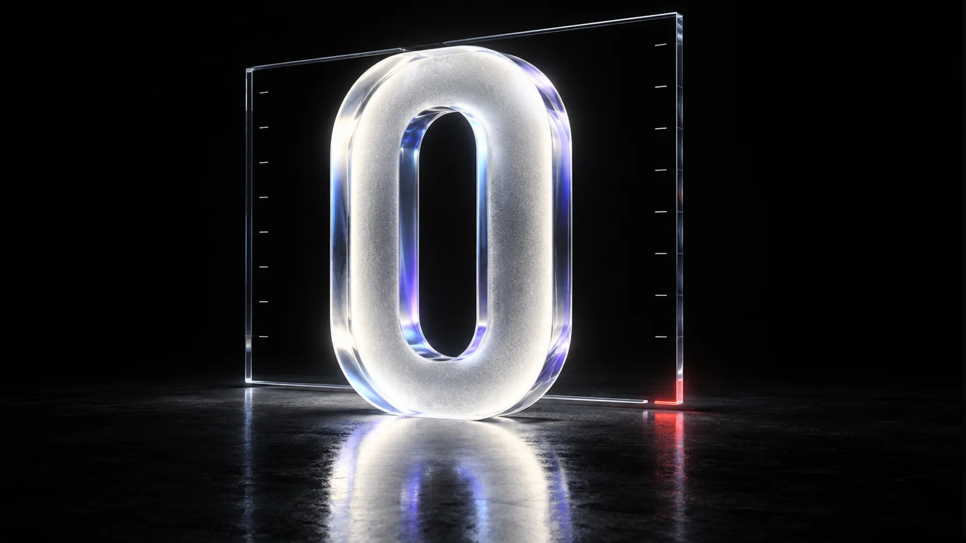 Large frosted glass numeral zero glowing white on a dark reflective floor, framed by a clear panel with tick marks down each side.