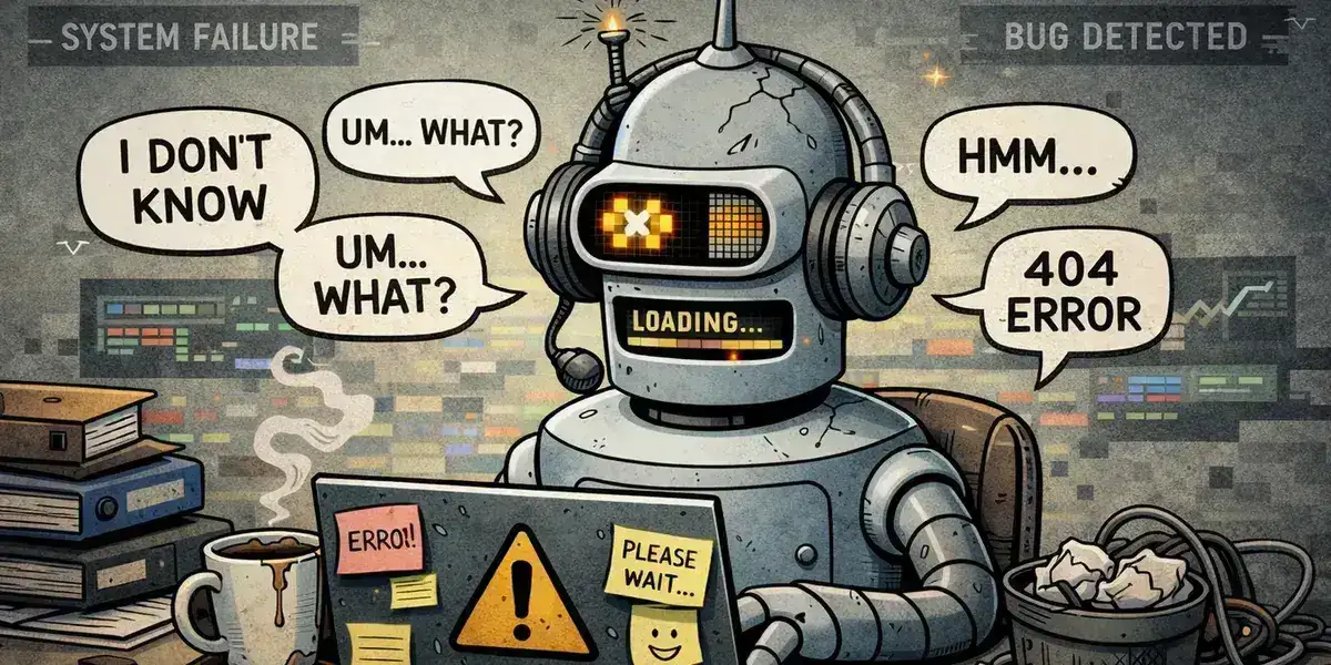 Cartoon robot slumped at a laptop with a cracked head, an X error on its face, and a "loading" mouth, surrounded by speech bubbles reading "I don't know," "404 error," and "please wait" under "system failure" banners
