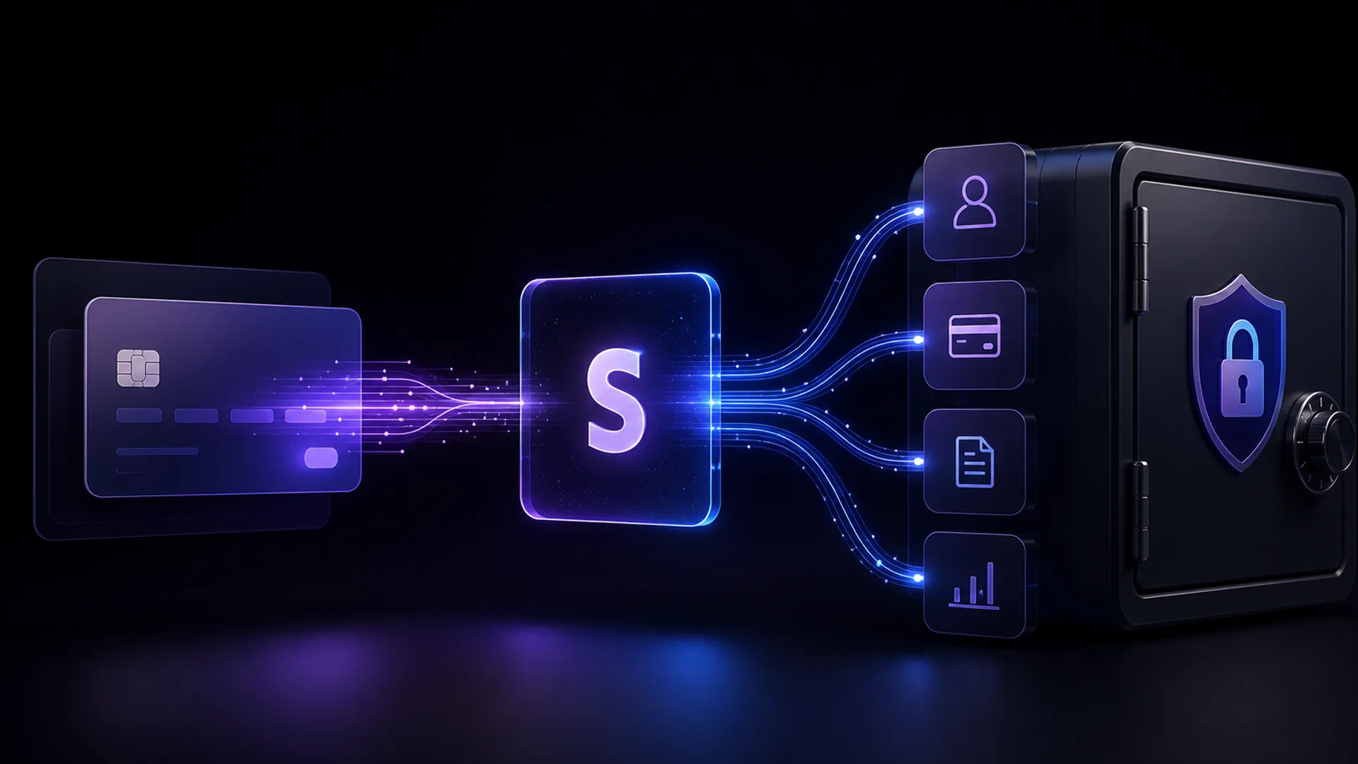 Glowing letter S panel links purple credit cards to a black safe, with icons for person, card, document, and chart.