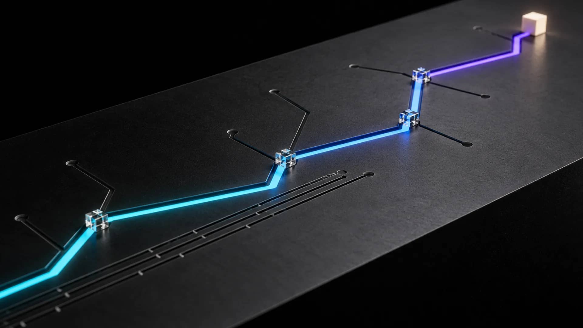 A glowing path across a dark slab bends at small clear cubes, shifting from cyan through blue to violet, and ends at a small pale cream cube.