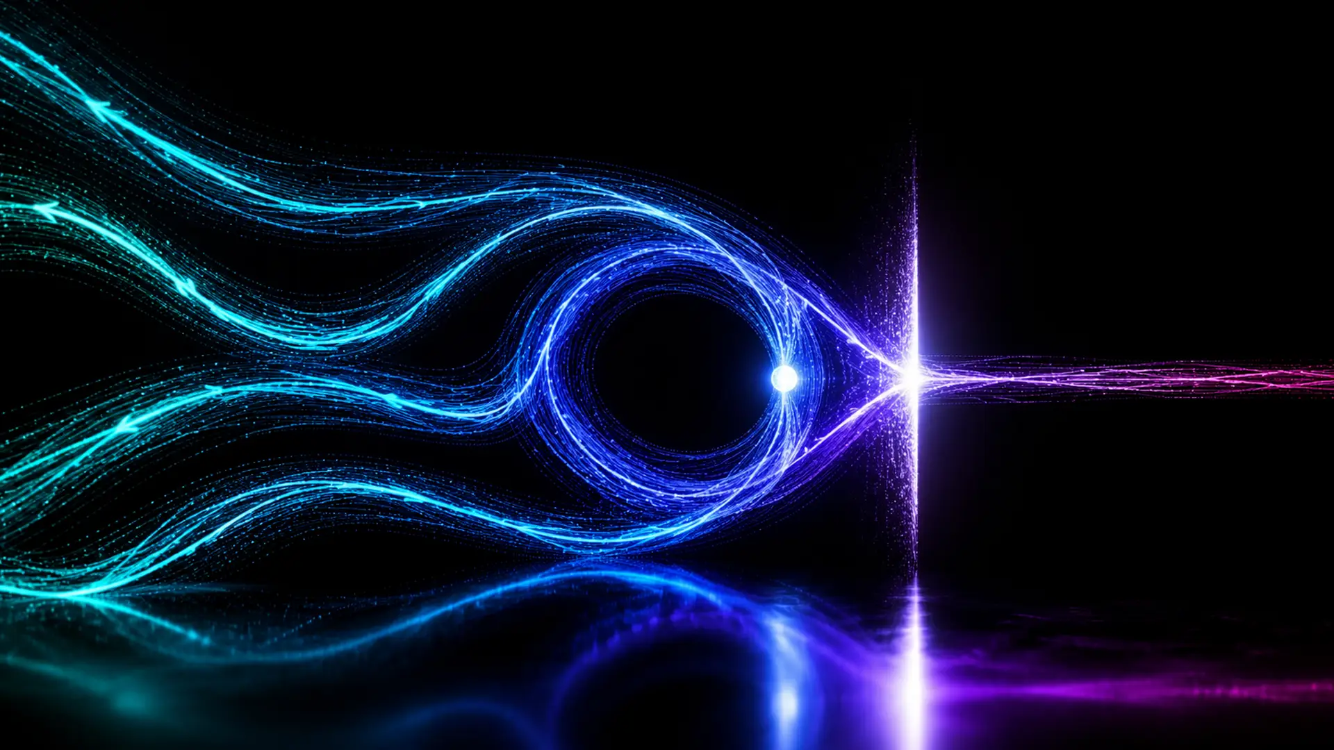 Cyan particle streams spiraling into a self-feeding loop, then converging on a vertical wall of white light they cannot pass through