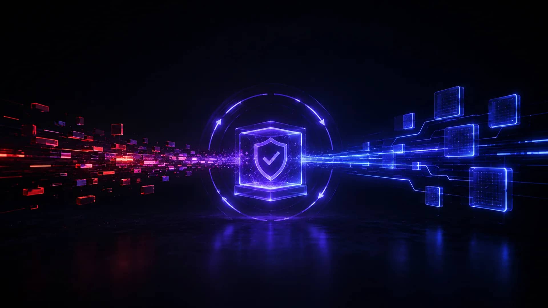 A glowing purple shield bearing a checkmark floats inside a ringed cube above a dark reflective floor, red fragments left, blue panels right.