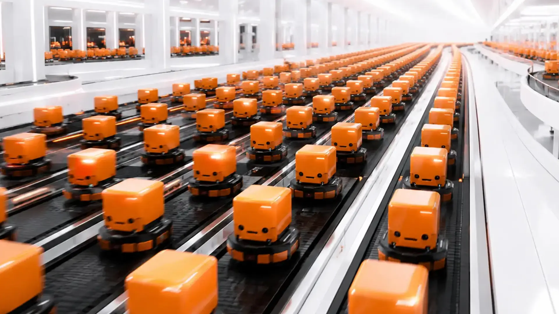 Hundreds of small orange robots moving in parallel lanes down a bright white automated facility, the nearest ones sharp and the far ones blurring with speed