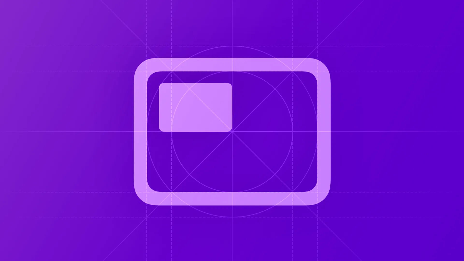 Light purple outline of a card or interface frame on a violet background, overlaid with construction grid lines, circles, and golden-ratio guides used in icon and design-system specification