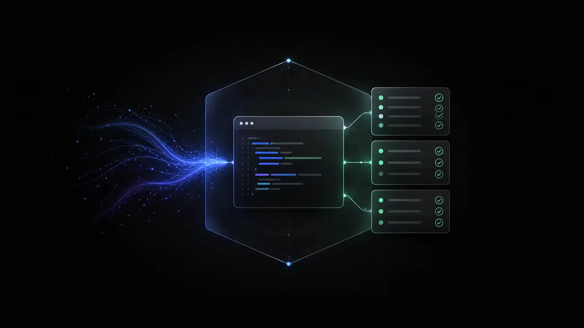 A stream of blue particles converging into a code editor inside a glowing hexagon, then branching out into three panels of green passing checks