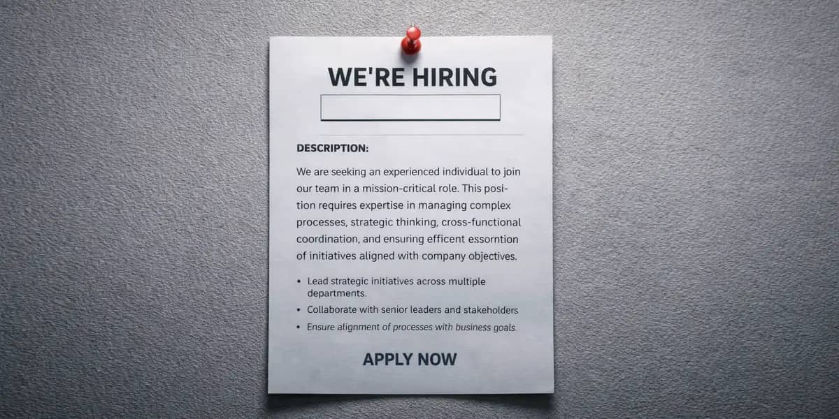 A "WE'RE HIRING" job posting pinned to a gray wall with a blank role title, generic description, and "APPLY NOW" footer, illustrating vague AI product manager job descriptions
