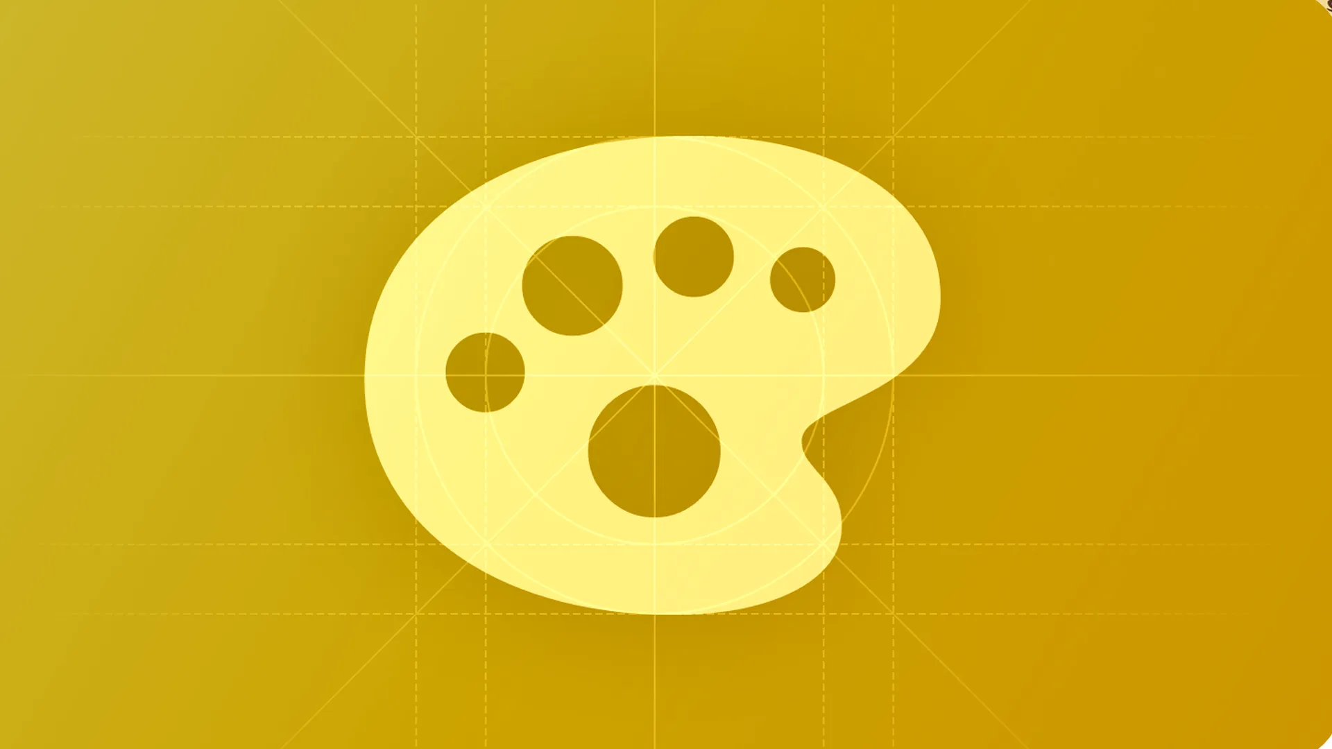 Pale yellow artist paint palette icon centered on a gold blueprint grid with construction guidelines, evoking deliberate, principled design craft