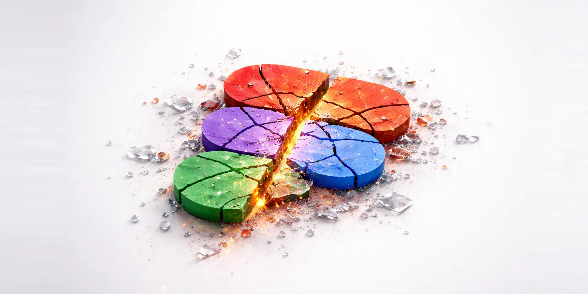 The Figma logo rendered as cracked colored stone, its red, orange, purple, blue, and green shapes splitting apart along a glowing molten fracture with shattered glass scattered across a white surface