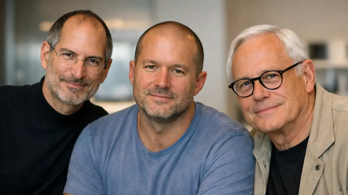 Steve Jobs, Jony Ive, and Dieter Rams posed side by side, three generations of design thinkers smiling at the camera in a softly lit room