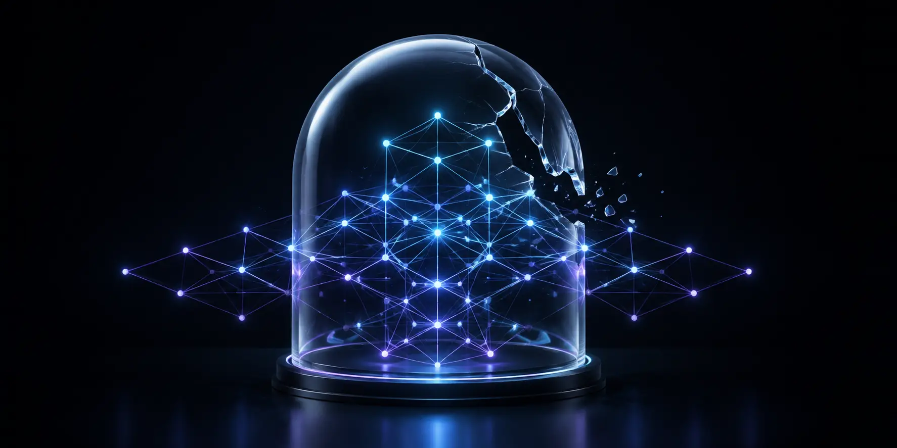 A glowing blue lattice inside a glass bell jar, its structure continuing straight out through a break in the dome and spreading beyond it into the dark