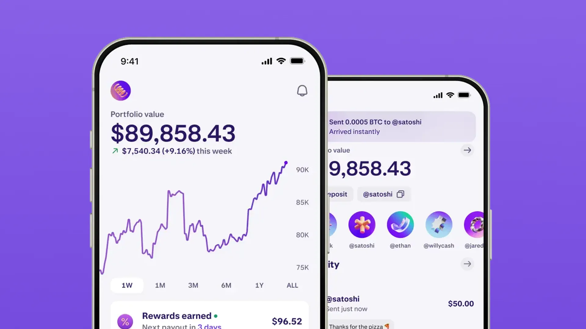 Two iPhone mockups showing a fintech app with a portfolio value of $89,858.43, a rising purple performance chart, and a peer-to-peer Bitcoin payment activity feed