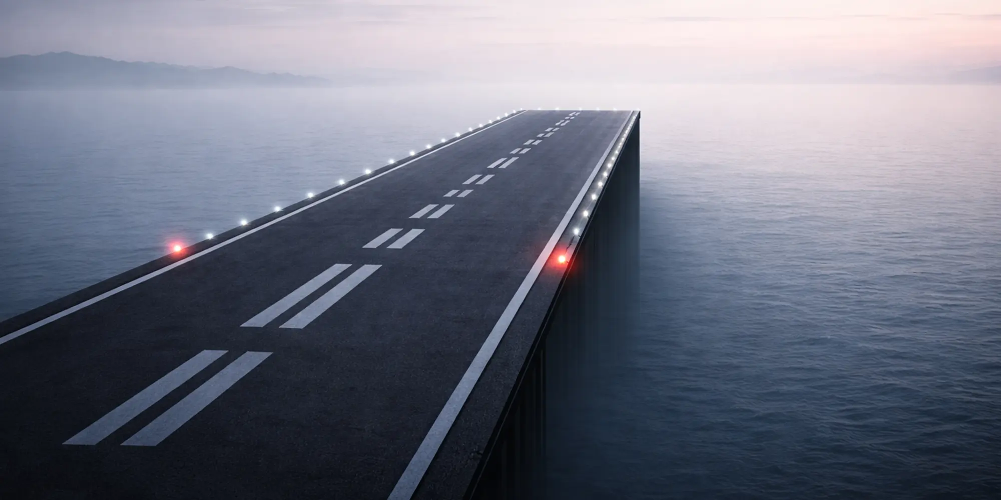 A narrow elevated roadway with lane markings and edge lights stretching into open water and fog, the road dissolving into mist where it should continue