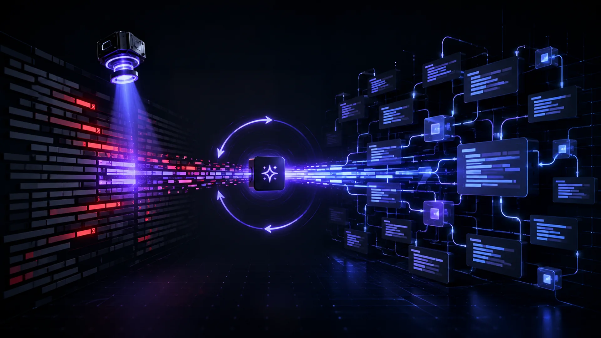 A dark 3D scene where a spotlight scans a wall of red flagged code, and circular arrows convert it into glowing blue panels.