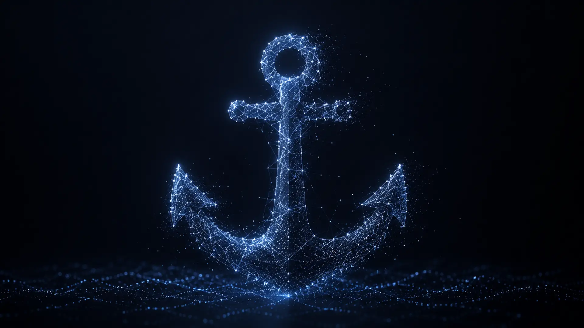 A ship's anchor drawn as a glowing blue mesh of nodes and connecting lines, settling onto a dark particle seabed