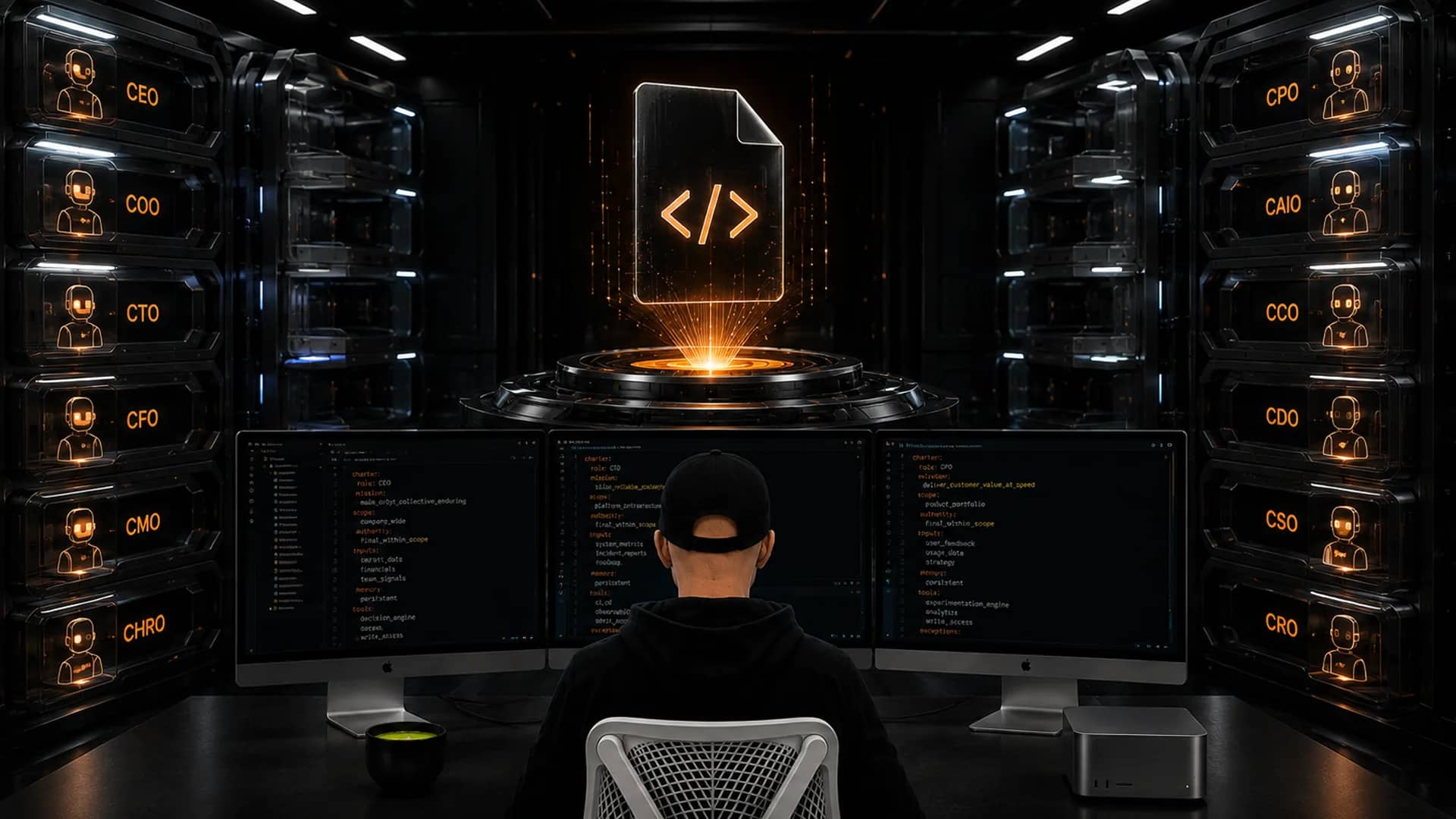 A hooded figure faces three monitors of config text below a glowing code document, between server racks labeled CEO, CFO, CTO.
