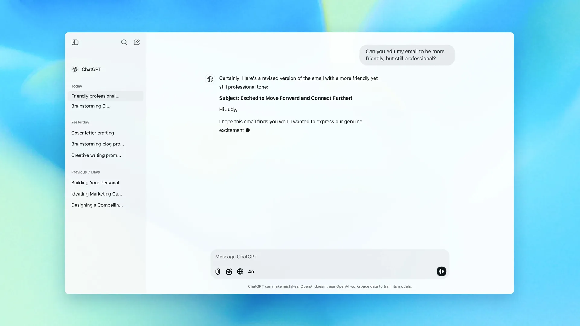 A ChatGPT conversation window on a soft blue gradient desktop, with a user asking to make an email more friendly but still professional and the assistant drafting a revised reply